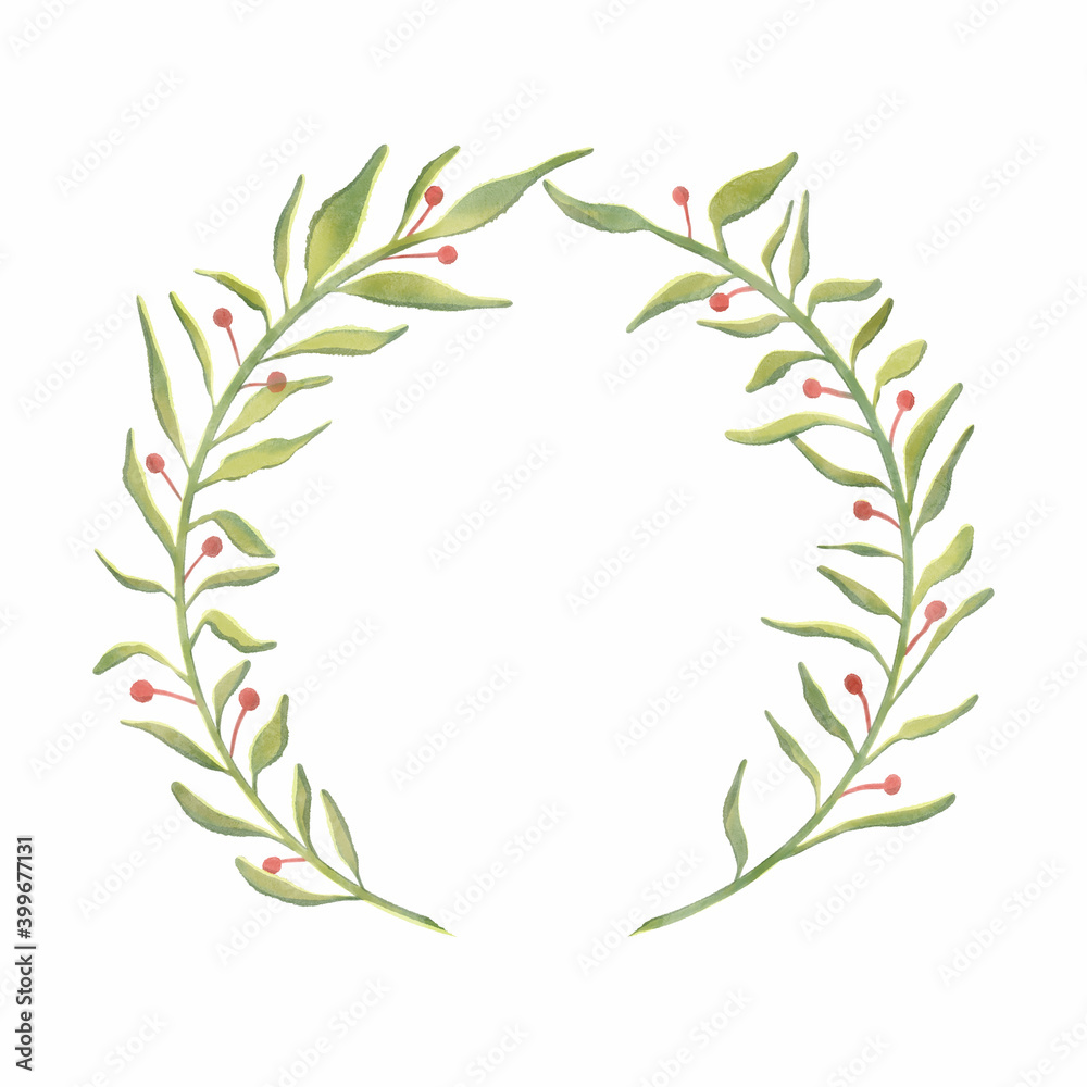 Botanical wreath watercolor of green branches and leaves. Floral design elements. Hand-drawn watercolor illustration. Has a place to add text Botanical wreath watercolor of green branches and leaves. Floral design elements. Hand-drawn watercolor illustration. Has a place to add text