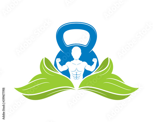 Strong man inside the kettle bell with nature leaf