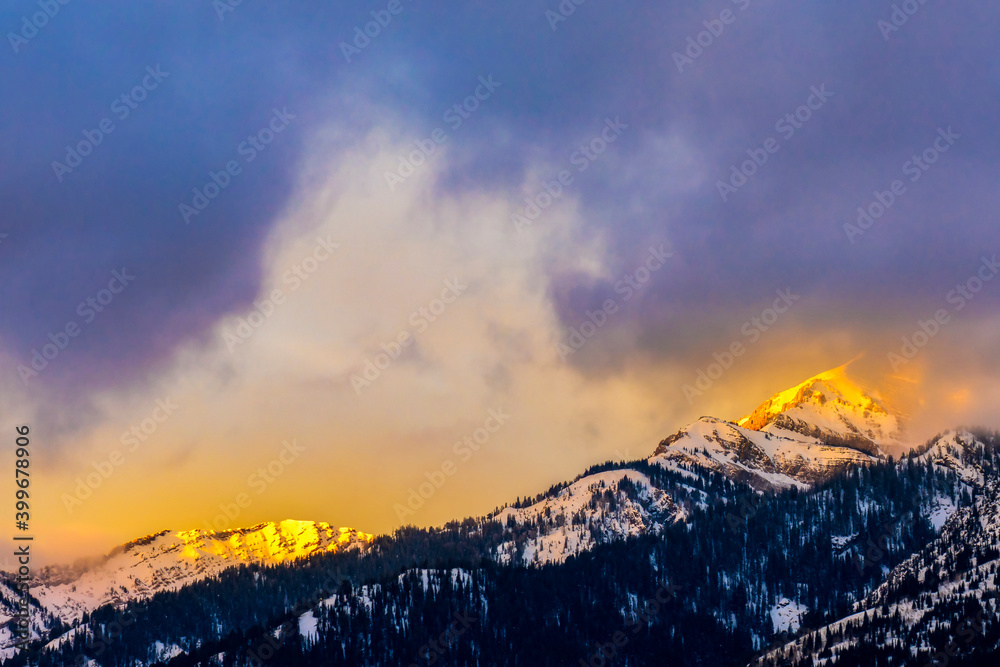 Sunlight on the Snowy Mountain at Sunrise, sunset