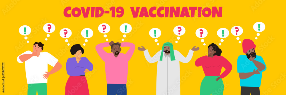 group of international multicultural doubt people making decision thinking about covid 19 vaccination vector illustration