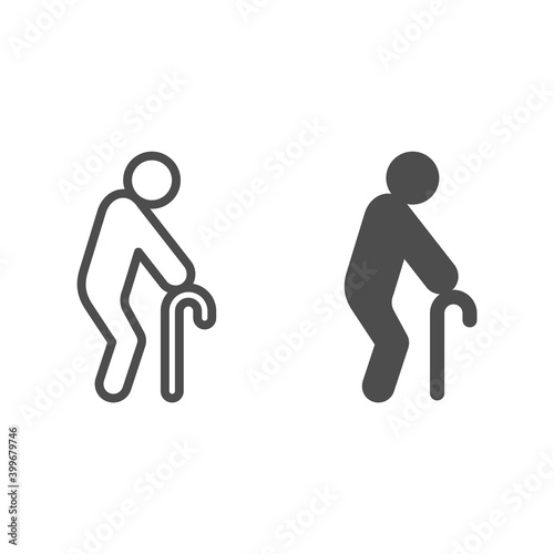 Old man with cane line and solid icon, elderly people concept, walking elderly man sign on white background, man with walking cane icon in outline style. Vector graphics.