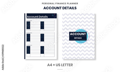 Minimalist Personal Finance planner Account Details pages template vector paper A4 and US Letter Ai, EPS 10 File