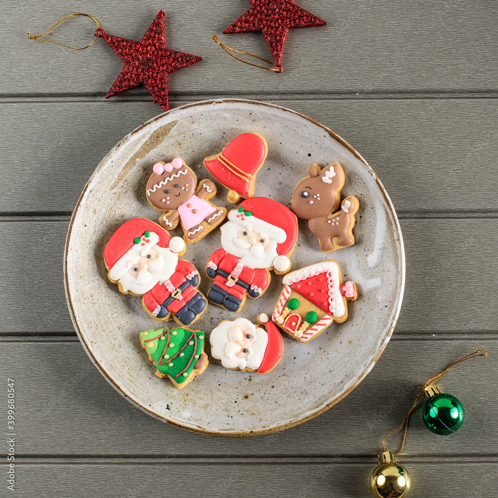 Christmas Concept with Layout Decorated Icing Sugar Cookies Composition. Copy Space for Text
