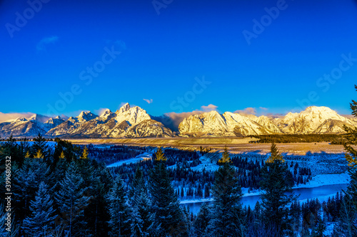 View of Mountains, River, Trees, winter, snow