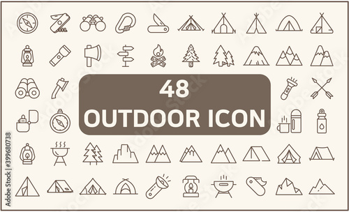 Set of 48 camping and outdoor Icons line style. Contains such Icons as hiking, mountain, tent, compass, knife, bonfire, fire, lamp, forest And Other Elements. customize color, easy resize.