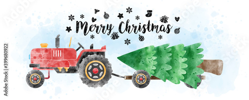 A tractor with truck carrying pine tree in watercolors style with Merry Christmas letters and decorated with Christmas symbols on light blue watercolor and white background.