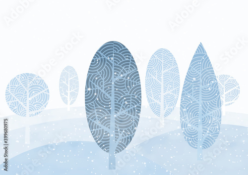 Landscape winter and snow falling with abstract trees on foggy and light blue background. © Atiwat