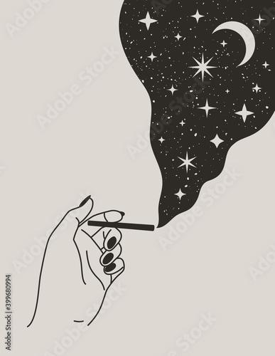Mystical Female Hand holding cigarette with Moon and Stars in Trendy Boho Style. Vector illustration for wall print, t-shirt, tattoo Design, for social media post and stories