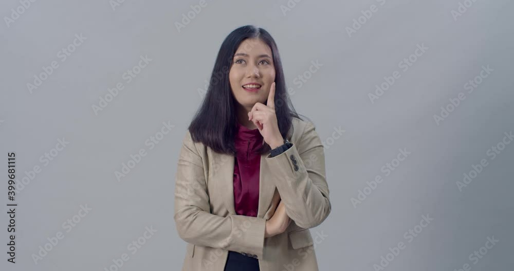 Smiling young woman feel cheerful after get ideas Smiling young woman feel cheerful after get ideas