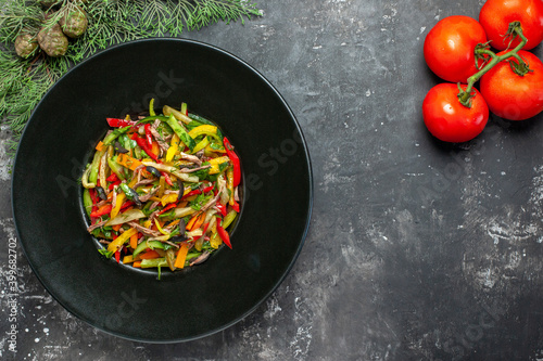 top view tasty vegetable salad with fresh tomatoes on grey background color food photo meal health