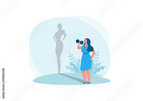 fat lady exercise with shadow fit reflection. Vector isolated illustration