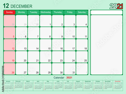 December 2021 Calendar Monthly Planner Design