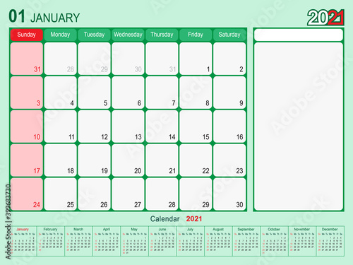 January 2021 Calendar Monthly Planner Design