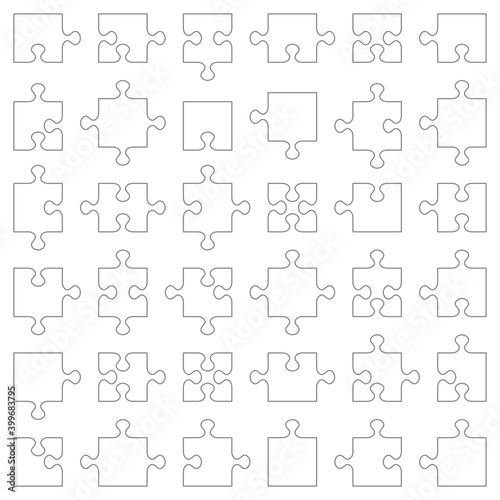 Jigsaw puzzle pieces collection of various shapes fitting each other. Classic style, accurate, transparent (for vectors). 