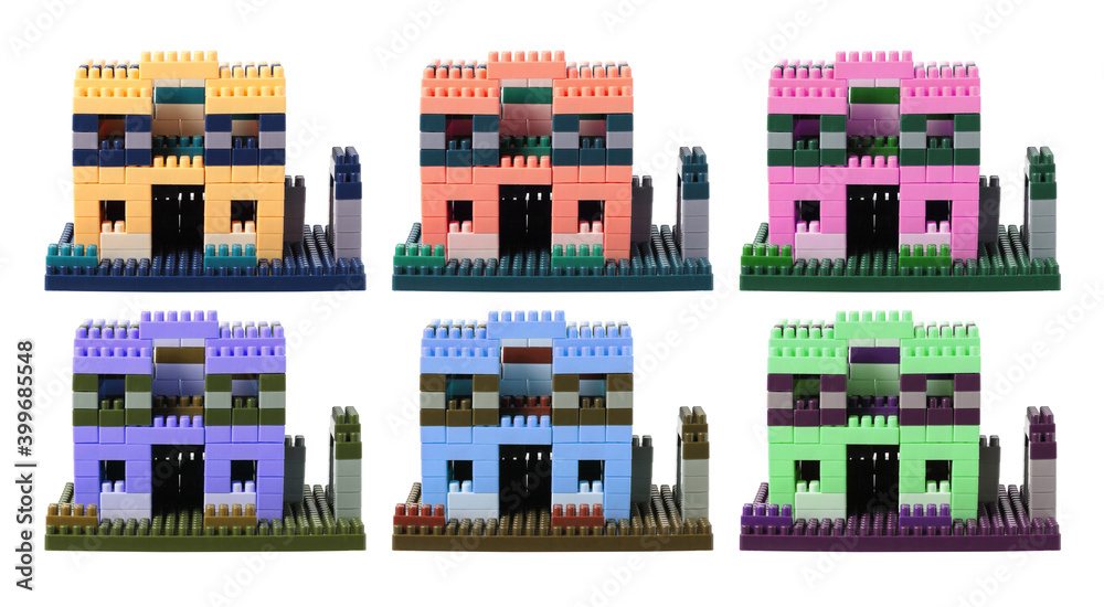 Small plastic building blocks on white background Small plastic building blocks on white background