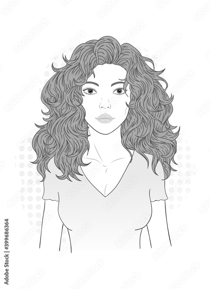 Vector illustration of a beautiful young woman with long flowing hair on a white background. Monochrome image. Vector illustration of a beautiful young woman with long flowing hair on a white background. Monochrome image.