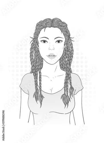 Vector illustration of a beautiful young woman with braids on a white background. Color image.