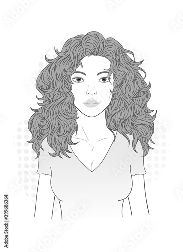 Vector illustration of a beautiful young woman with long flowing hair on a white background. Monochrome image.