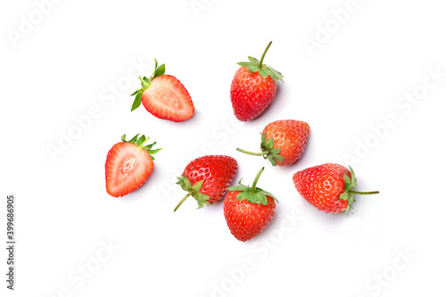 Flat lay  top view  of Strawberries with slice on white background.