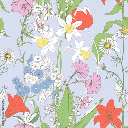 The background with spring flowers is seamless. Delicate floral wind pattern for fabric.