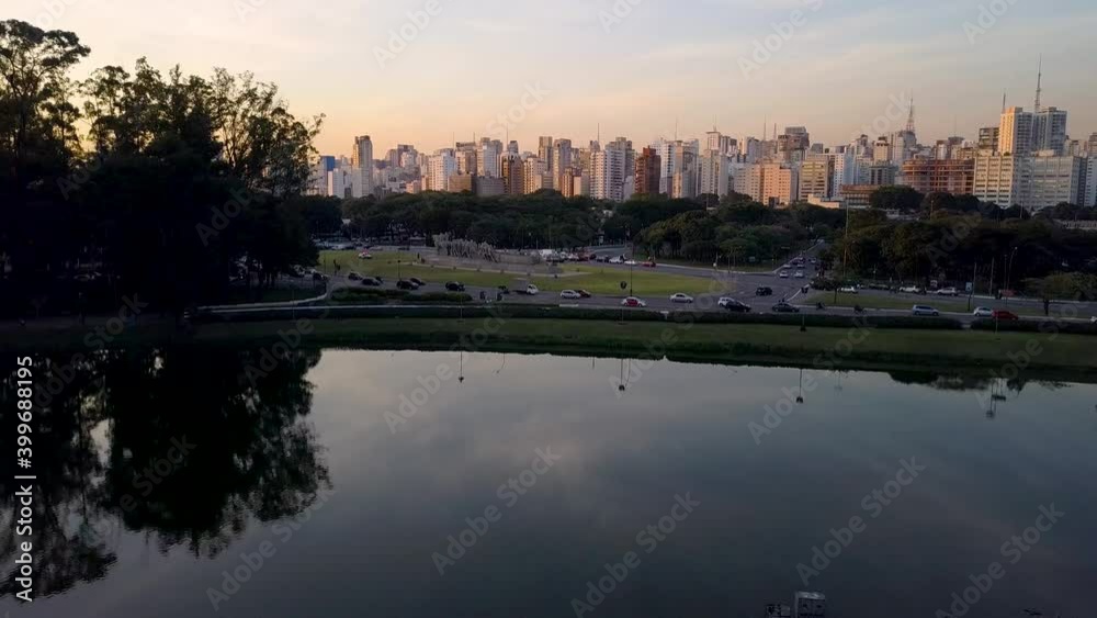 flight over Ibirapuera park and obelisk monument in Sao Paulo, bandeirantes monument flight over Ibirapuera park and obelisk monument in Sao Paulo, bandeirantes monument