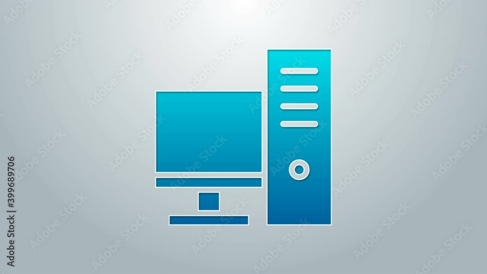 Blue line Computer monitor icon isolated on grey background. PC component sign. 4K Video motion graphic animation