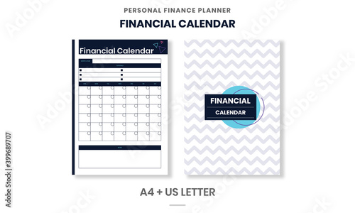 Minimalist Personal Finance planner Financial Calendar pages template vector paper A4 and US Letter Ai, EPS 10 File
