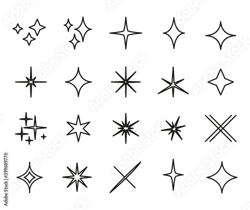 Set of sparkle related vector line icons.