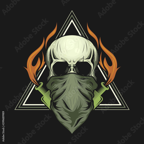 Illustration of skull head mask and Molotov cocktail bottle with fire vector design