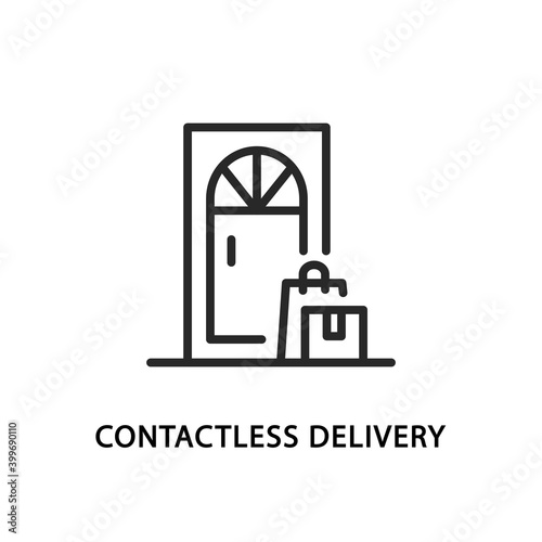 Contactless delivery flat line icon. Vector illustration of packag and box standing at the door