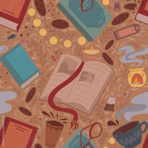 Seamless pattern of flat illustration of book, cup of tea, cookie and bookmark on plant background. Cozy evening reading with candle and garland. Vector cartoon texture for wallpaper, fabric