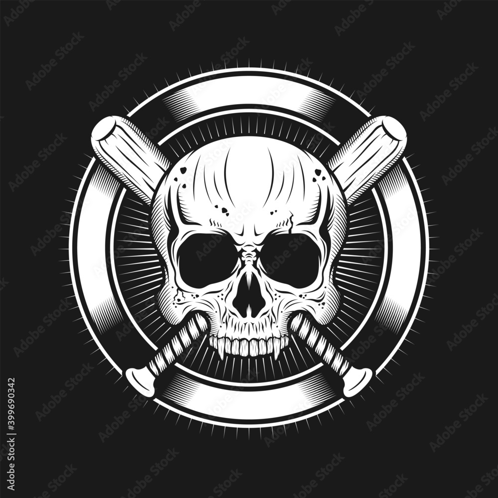 Ταπετσαρία Skull head with circle and baseball bats realistic illustration vector design