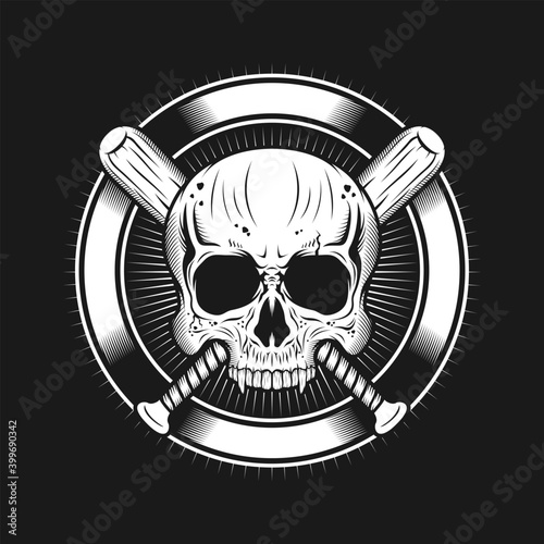 Skull head with circle and baseball bats realistic illustration vector design