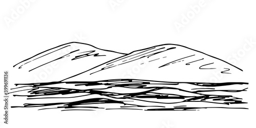 Simple hand-drawn vector drawing in black outline. Desert mountain landscape, wilderness, nature. Tourism and travel.