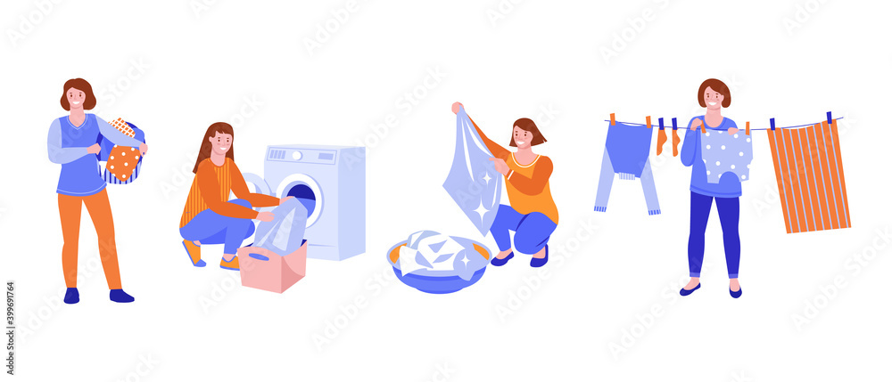 Set of vector illustrations. A young woman washes and dries clothes. Flat style. Isolated on a white background.