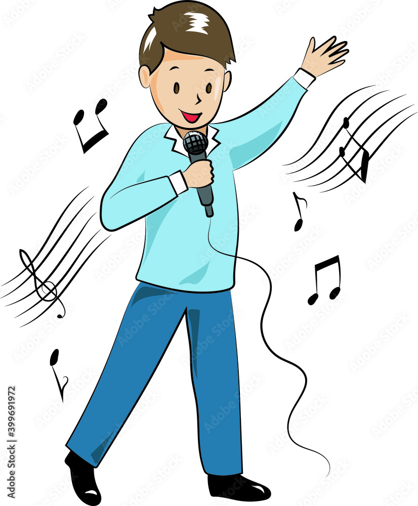 child singing with microphone and musical notes child singing with microphone and musical notes