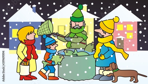 Family and Christmas carp, Sale of Christmas carps, vector  illustration