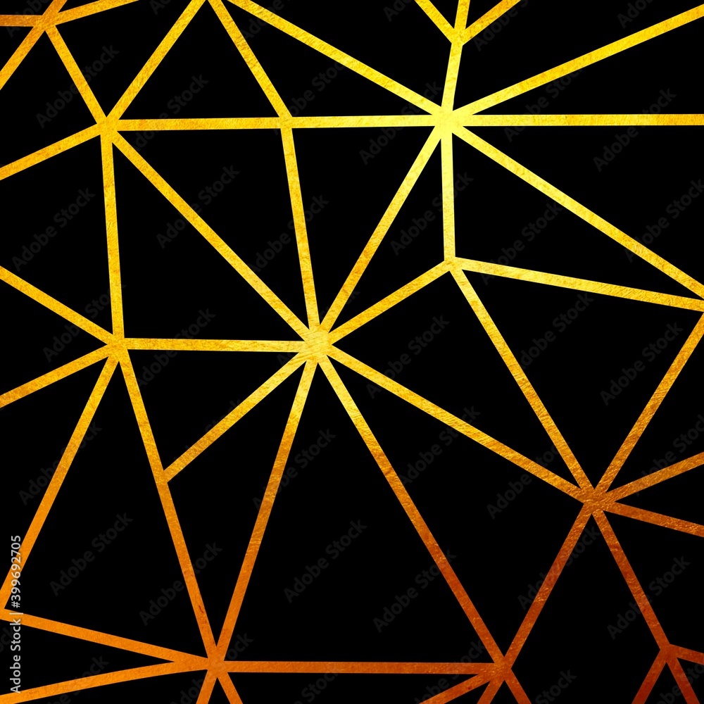 Golden spider web on a black background, abstraction