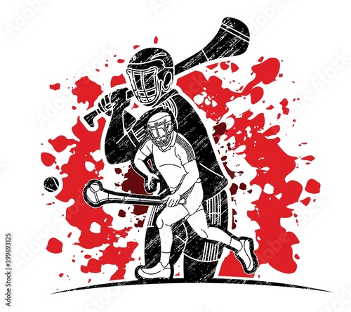 Group of Hurling sport players action. Irish Hurley sport cartoon graphic vector.