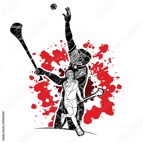 Group of Hurling sport players action. Irish Hurley sport cartoon graphic vector.