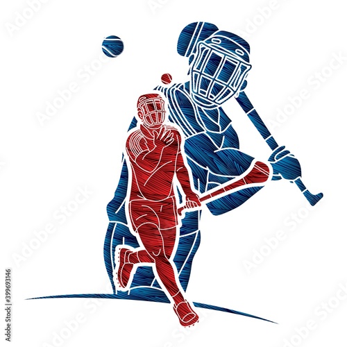 Group of Hurling sport players action. Irish Hurley sport cartoon graphic vector.