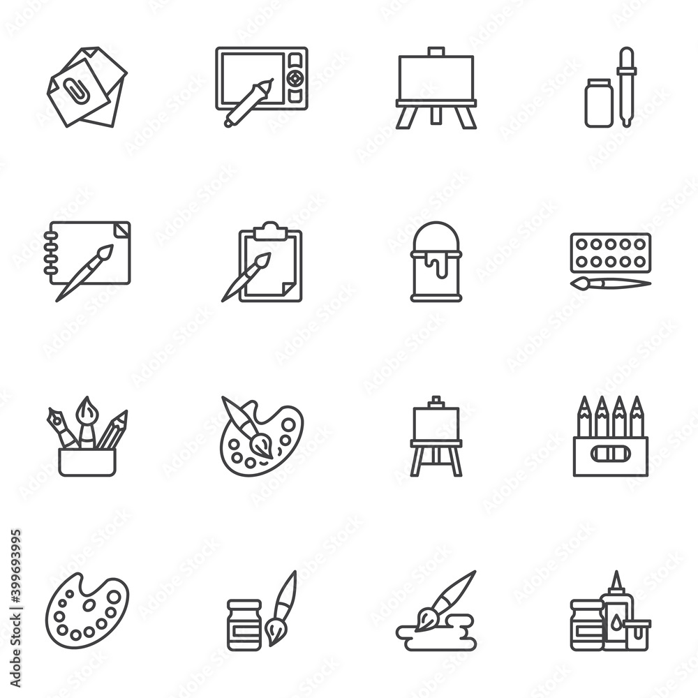 Drawing tools line icons set, outline vector symbol collection, linear style pictogram pack. Signs, logo illustration. Set includes icons as paper clip, drawing tablet, paintbrush, palette, easel