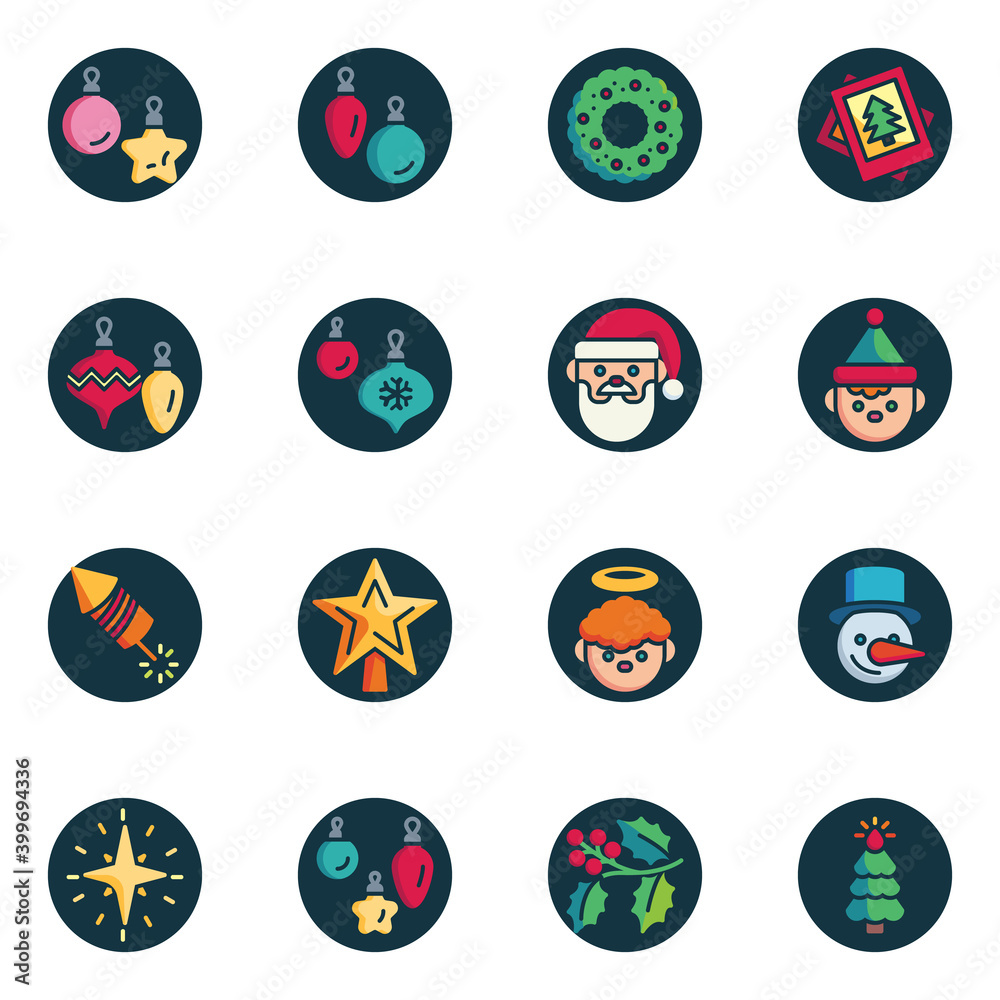 Merry Christmas elements collection, flat icons set, Colorful symbols pack contains - xmas tree decoration, bauble, invitation card, santa, fireworks rocket . Vector illustration. Flat style design