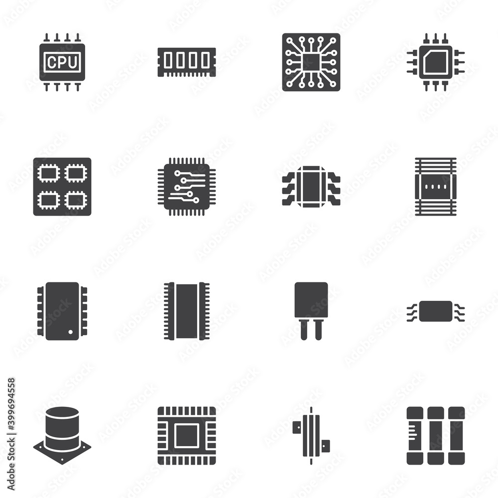 Computer microchip vector icons set, modern solid symbol collection, filled style pictogram pack. Signs logo illustration. Set includes icons as electronic components, CPU microprocessor, microcircuit