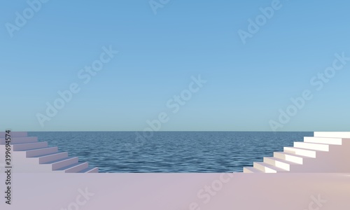 Staircase, steps in ocean, sea - paradise view. White stone sculpture. Podium, pedestal for mockup design. Sunny summer advertising composition. Empty space for mockup. 3d render illustration