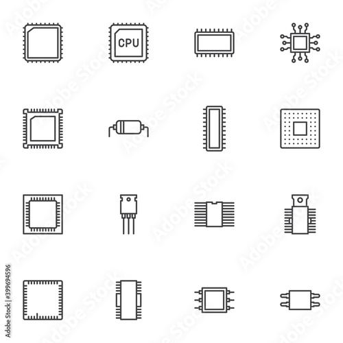 CPU microchip line icons set, outline vector symbol collection, linear style pictogram pack. Signs, logo illustration. Set includes icons as computer processor, circuit board, microcircuit chip