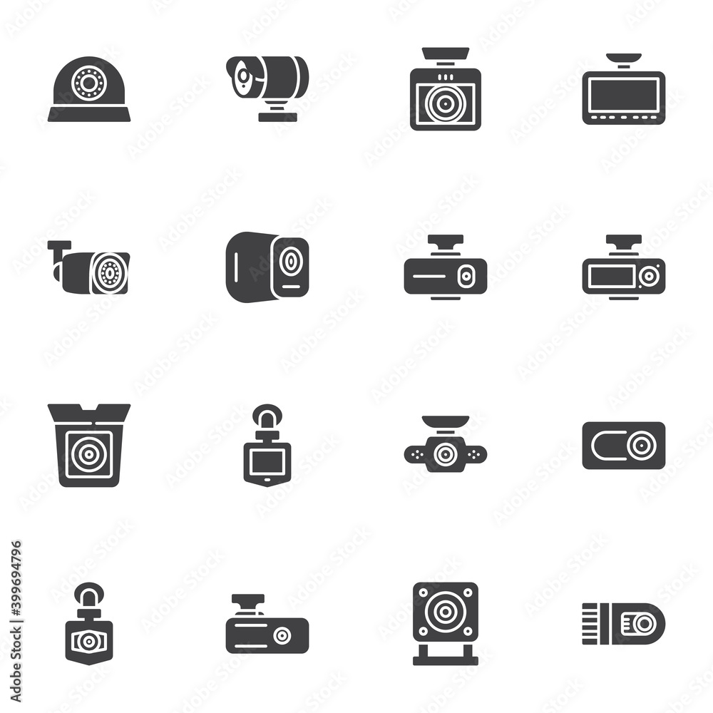 DVR camera vector icons set, modern solid symbol collection, filled style pictogram pack. Signs, logo illustration. Set includes icons as car security camera, dvr system DVR camera vector icons set, modern solid symbol collection, filled style pictogram pack. Signs, logo illustration. Set includes icons as car security camera, dvr system