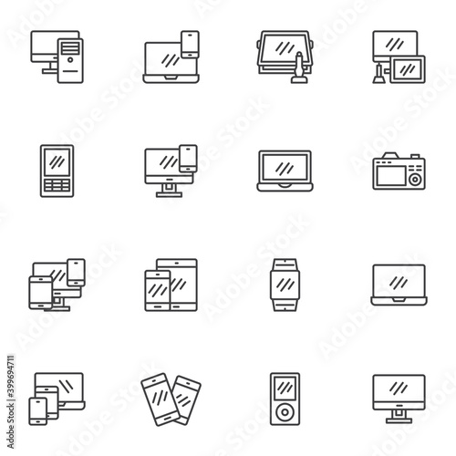 Electronics and devices line icons set, outline vector symbol collection, linear style pictogram pack. Signs, logo illustration. Set includes icons as PC monitor, laptop computer screen, mobile phone