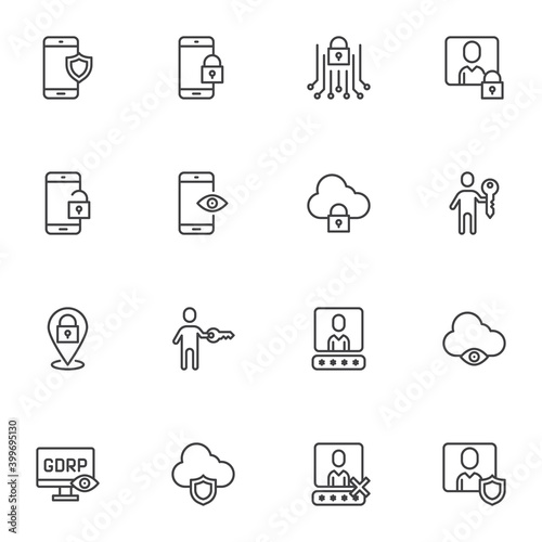 GDPR privacy line icons set, outline vector symbol collection, linear style pictogram pack. Signs, logo illustration. Set includes icons as smartphone data protection, security information, cloud lock
