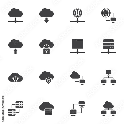 Cloud computing vector icons set, modern solid symbol collection, filled style pictogram pack. Signs, logo illustration. Set includes icons as computer network technology, database server connection